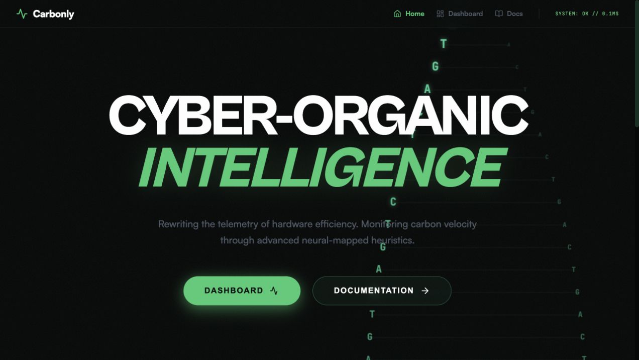 Carbonly live landing page with the headline Cyber-Organic Intelligence