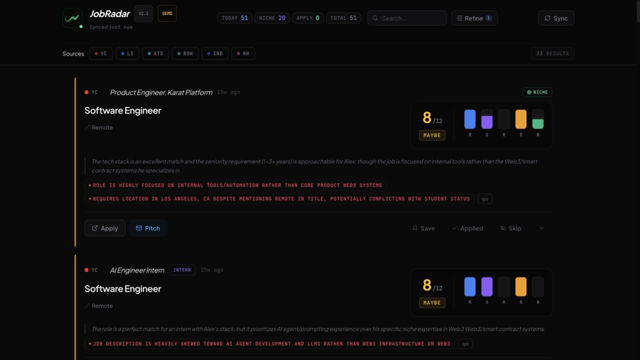 JobRadar live dashboard showing ranked developer job listings