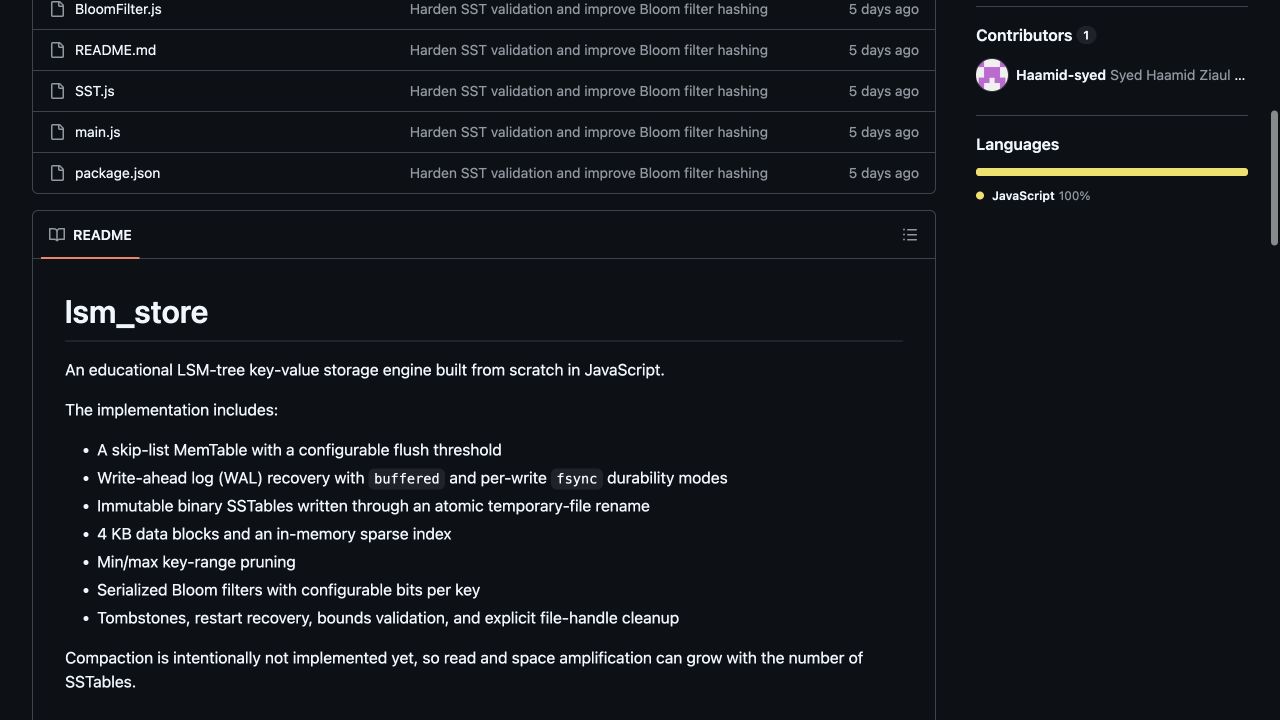 LSM Tree GitHub README describing the storage engine implementation