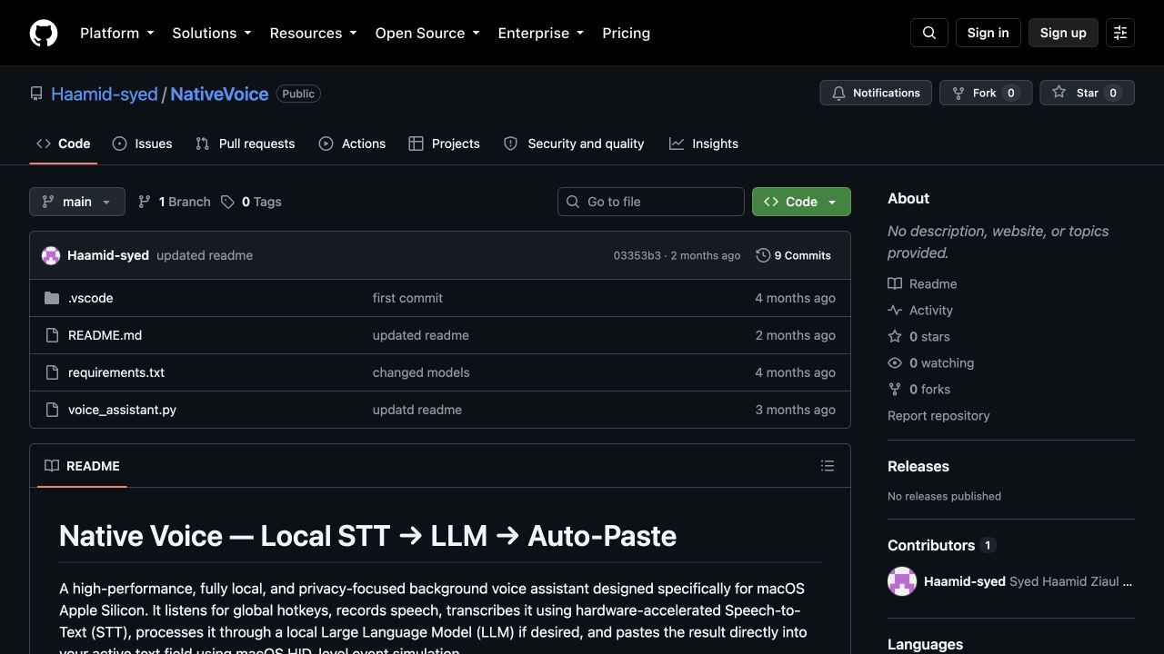 Native Voice GitHub repository and README preview