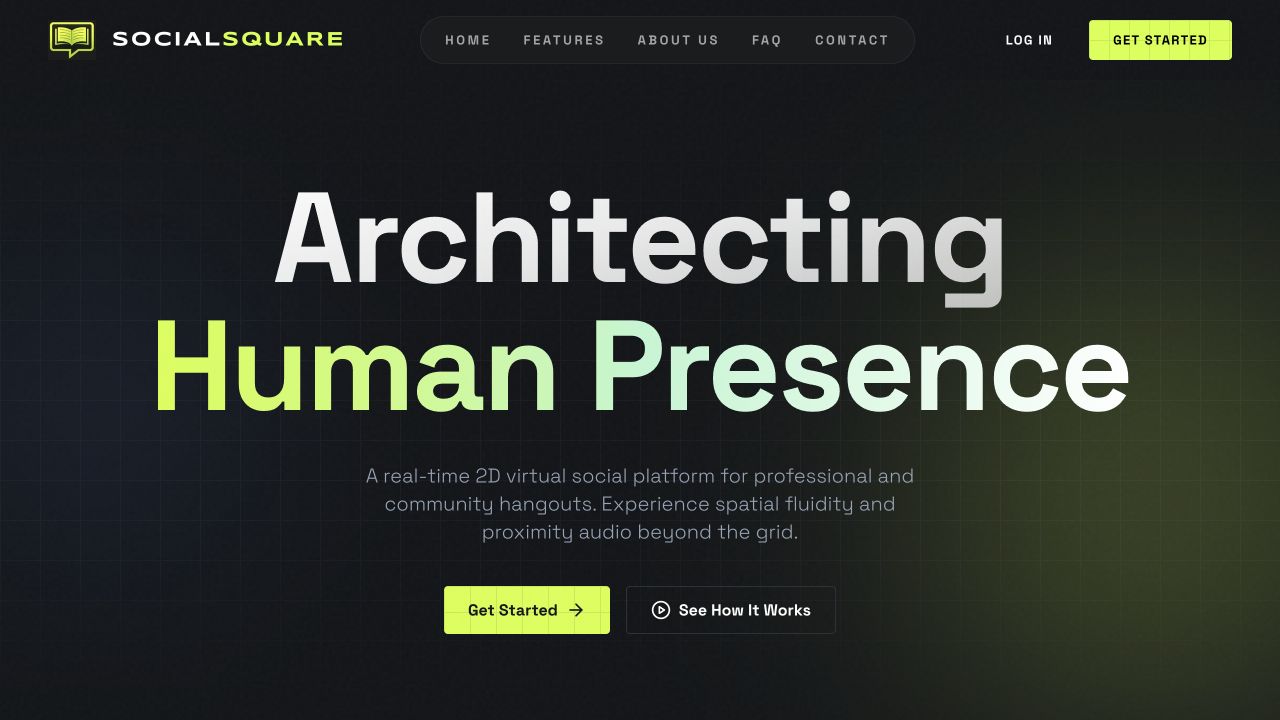 Social Square live landing page with the headline Architecting Human Presence